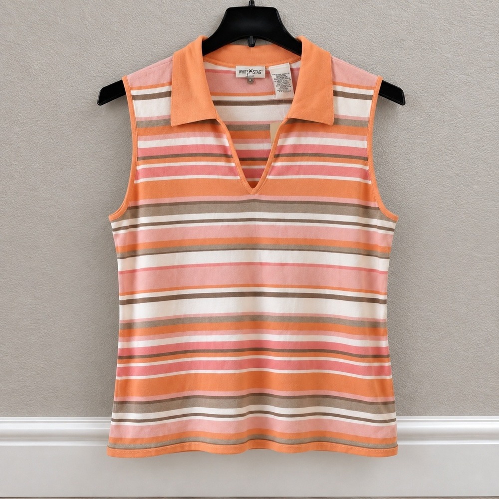 VTG White Stag Striped Sleeveless Polo Sweater Top XL Orange Pink Preppy New